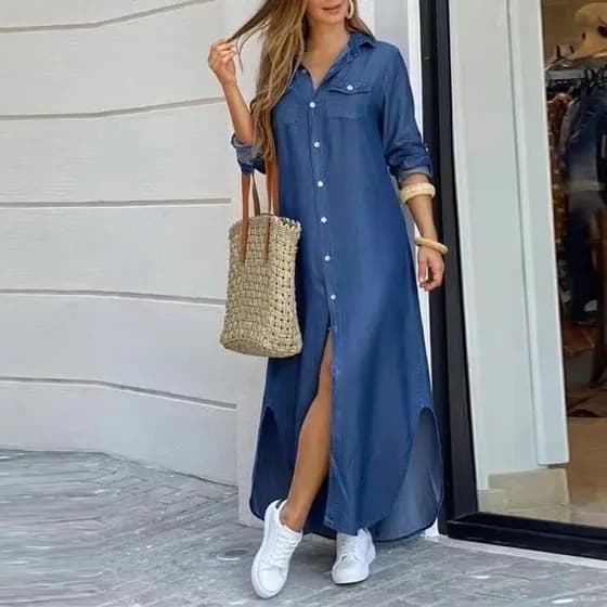Novo Vestido Longo De Manga Comprida Jeans Casual Estampado
