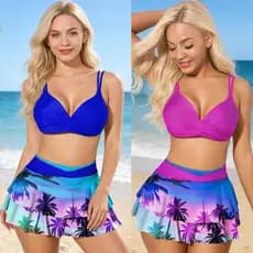 Conjunto Estilo Split Cintura Alta Babados Impresso Biquíni Maiô com  Saia de Praia Ideal para Verão e Piscina
