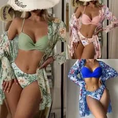 Biquíni feminino impresso maiô de praia de manga comprida três peças com saída de praia
