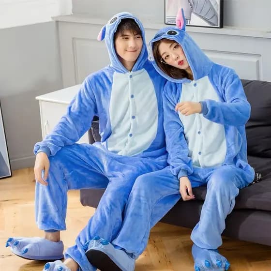 Pijama Macacão Pelúcia Stitch Azul - Angel Rosa Stitch Kigurumi Original Macio