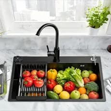 Kit Cuba Pia Cozinha Gourmet Premium Aço Inox Preto Com Torneira Lavador Copos E Acessórios