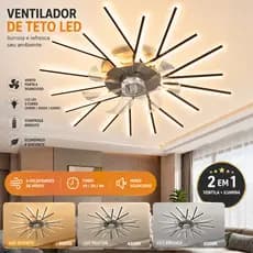 Ventilador de Teto LED 2 em 1 com Controle Remoto 3 Cores de Luz 6 Velocidades Timer Bivolt 100W