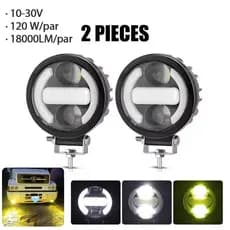Kit 2 Faróis Milha Moto Angel Eye LED 120W 18000LM Dupla Cor Branco Amarelo Luz Neblina Universal