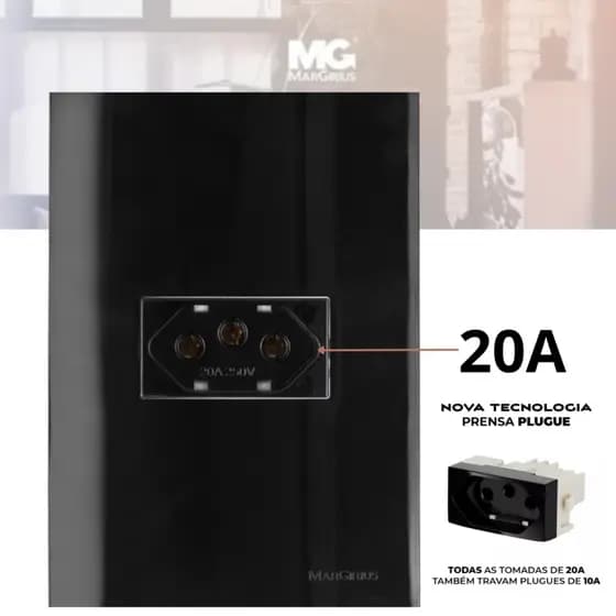 Conjunto Tomada Preta 20 Amperes Linha Ebony MarGirius