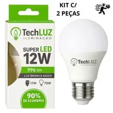 Kit 2 Lâmpadas Led Bulbo 12W 6500k Branco Frio E27 TechLuz