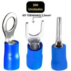 Kit Terminal Elétrico Isolado Olhal Forquilha Pino 2,5mm 300 Peças