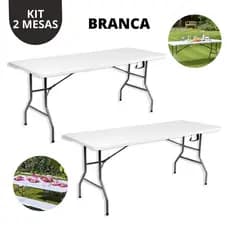 Kit 2 Mesas Dobráveis Portáteis Vira Maleta Com Alça Camping Jardim Área Externa e interna  1,80m
