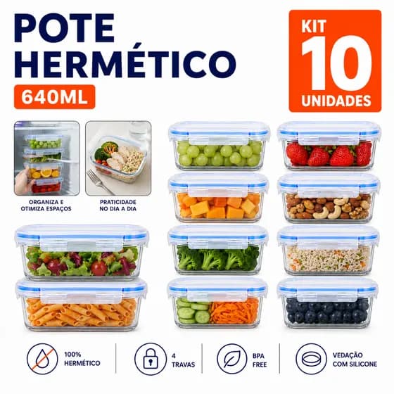 Kit 4, 6 ou 10 Potes de Vidro Herméticos 640ml - Marmita de Vidro Fitness Ideal Para o Dia a Dia