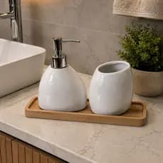 Kit Banheiro Lavabo 2 Peças + Bandeja de Bambu Porta Sabonete Líquido Suporte p/Escovas Em Cerâmica