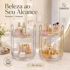 Organizador de Acrílico Caixa Luxo com Alça Dourada Multiuso Transparente Porta Treco 2 Andares 360º