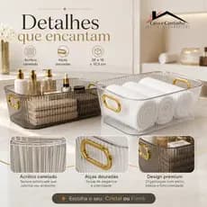 Caixa Acrílico Premium Com Alça Dourada Luxo Banheiro Quarto Perfumes Skincare Mesa Multiuso