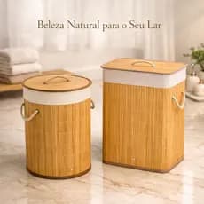 Caixa Cesto Organizador de Bambu Natural Retangular Dobrável Com Alça e Tampa Forrado