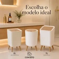 Lixeira Branca De Plástico 9L Chanfrada Com Pés De Bambu e Tampa Click De Pressão Cozinha Banheiro