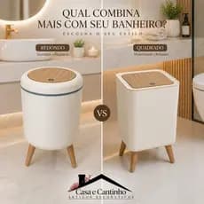 Lixeira Branca Redonda Plástico 9L Chanfrada Pés De Bambu e Tampa Click De Pressão Cozinha Banheiro