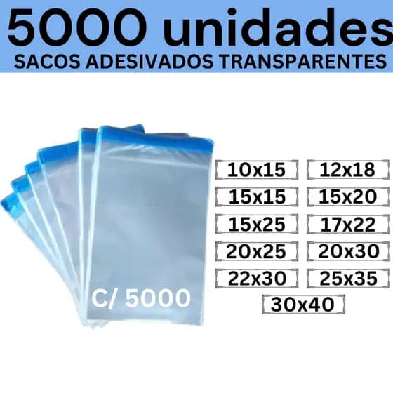 Kit 5000 Sacos Adesivados Transparentes 10x15 12x18 15x15 15x20 15x25 17x22 20x25 20x30 22x30 25x35 30x40 35x45 40x50