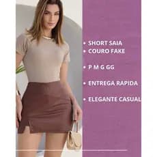 Short Saia Feminino Couro Fake Premium Casual Elegante Ziper Lateral Preto Marrom