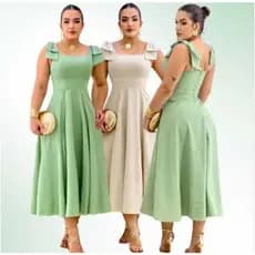 Vestido Feminino Midi Elegante Linho Com Laco No Ombro Moda Evangelica