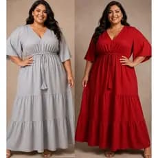 Vestido Longo  Alfaiataria Plus Size Feminino Decote V Manga Solta Cintura Ajustável Casual Elegante
