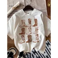 Camiseta feminina de manga curta com decote redondo e corte retrô estilo Botas do Oeste, folgada e adequada para o verão