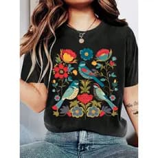 Camiseta casual de manga curta com estampa vintage de flores e pássaros, plus size t shirt feminina camiseta estampada
