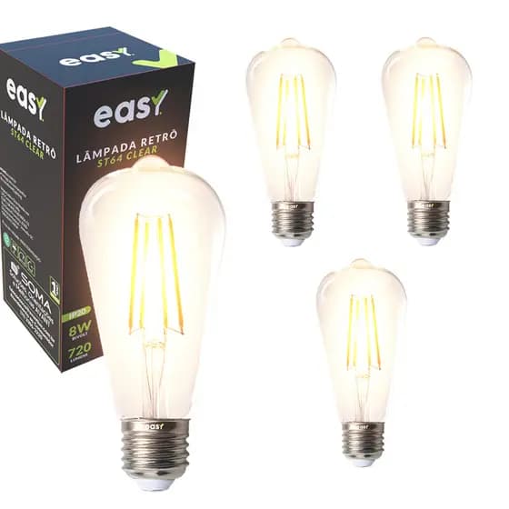 Kit 4 Lâmpadas de Led ST64 Retro Vintage Clear 8w 2400k E27 Bivolt Easy Luz Quente