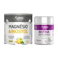 Magnésio e Inositol Taurina Melatonina 210g + Biotina 100% pura 45mcg 60 caps - Body Action