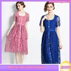 Vestido Maria Em Gui Renda Pura Comprimento Midi , Elegante E Delicado Com Cintura Elástica , Cinto Detalhes De Botão .