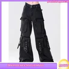 American vibe high Street Multi-bolso preto geral Jeans feminino verão cintura alta reta solta perna larga calças de chã