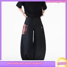 Americano Retro xadrez costura Jeans de perna larga masculino feminino Design sentido Machete cenoura calças macacão
