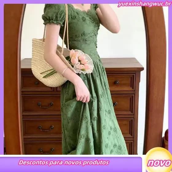 Vestido verde feminino de tamanho grande, novo estilo, gola quadrada, redução de idade, respirável, aparência mais fina,