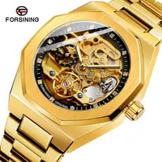 Forsining Relógio Mecânico Automático Masculino Luminoso Três Olhos Seis Mãos Semana Banda de Aço Relógio Mecânico