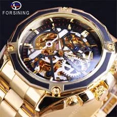 Para forsining relógio mecânico à prova d'água moda masculina Casual pulseira de aço oco relógio mecânico automático