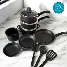 Kit de Panelas 10 Peças Antiaderente Preto com Tampa de Vidro – Jogo Completo com Frigideiras, Fervedor e Talheres