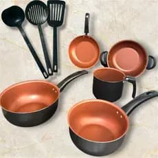 Kit de Panelas Preto com Cobre 8 Peças Antiaderente Teflon Premium com Tampa de Vidro  Cozinha Completa