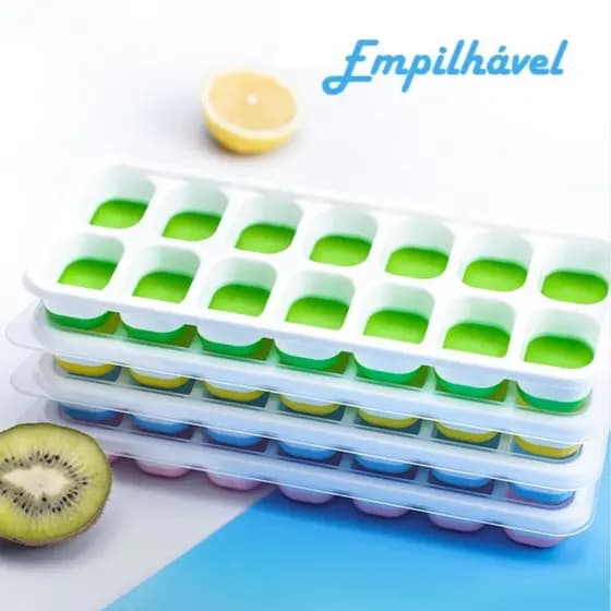 Forma de Gelo Silicone 14 Cubos com Tampa – Molde Flexível para Gelo, Drinks e Sobremesas