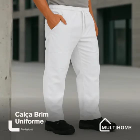 Calça Brim Branca Resistente Elástico Uniforme Profissional Trabalho Obra Industrial EPI Masculina