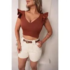Top Cropped Alça Babado Moda Feminina 2025 - Alfaiataria Elegante