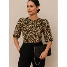 Blusa Feminina Animal Print Manga 3/4 Elegante Estilo Fashion Casual Outono