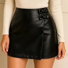 Short Saia Couro Feminino Cintura Alta Courinho laços Tendência 2025