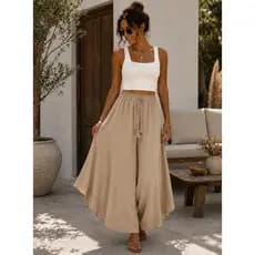 Calça Feminina Pantalona Larga Evazê Godê Cintura Alta Duna