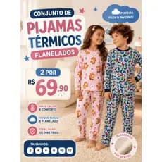 Kit C/ 2 Conjuntos de Pijama: 2 Blusas + 2 Calças Estampados Para Menino e Menina Inverno
