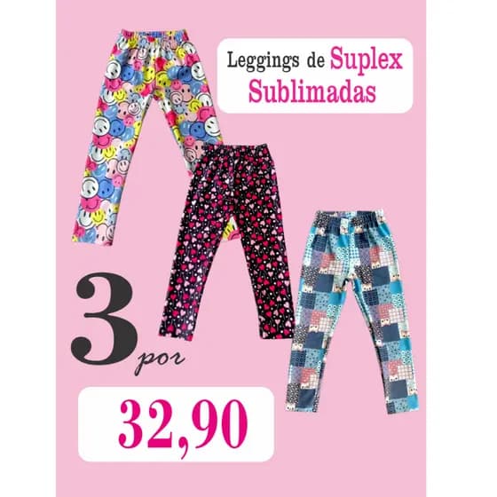 Kit Com 3 Calças Leggings Infantil de Suplex Sublimadas em Cores Sortidas - Roupa de Meninas
