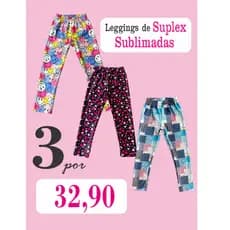 Kit Com 3 Calças Leggings Infantil de Suplex Sublimadas em Cores Sortidas - Roupa de Meninas