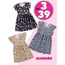 Kit C/ 3 Vestidos Infantil Juvenil de Algodão Estampados - Roupa de Menina