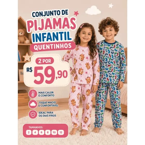 Kit C/ 2 Conjuntos de Pijama Infantis Quentinho Menino e Menina - Inverno Meia Estação Estampados e Lisos