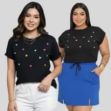 Blusa T-Shirt Feminina Camiseta Basica Tecido 100% Algodão Manga Japonesa Coração Bordado