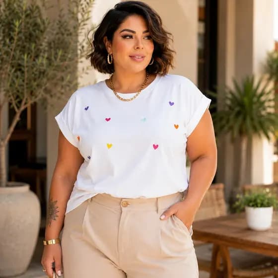 Blusa Plus Size Manga Japonesa com Coração Bordado Tecido 100% Algodão T-shirt Moda Clean