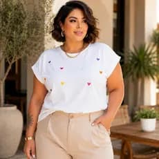 Blusa Plus Size Manga Japonesa com Coração Bordado Tecido 100% Algodão T-shirt Moda Clean