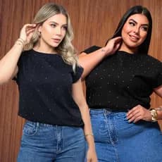 Blusa Feminina Manga Japonesa Detalhes em Strass Brilho Soft Tecido 100% Algodão Pedraria Clean