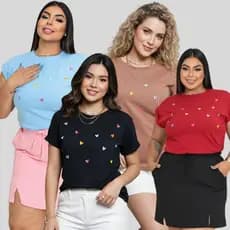 Blusa Feminina Camisa Manga Japonesa com Bordado de Coração Colorido Tecido 100% Algodão
